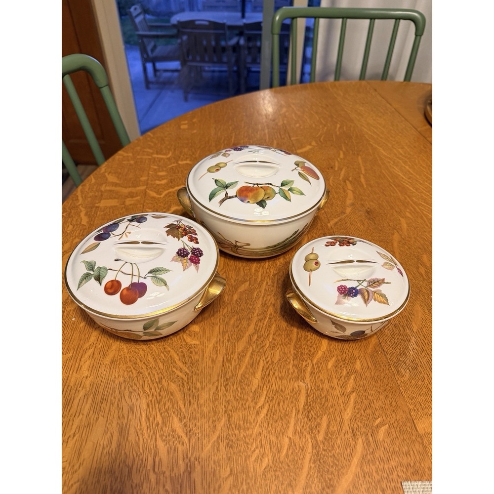 ROYAL WORCESTER Evesham Gold Set Of 3 Casserole Dishes w/Lid Shape 23 Sizes 4-6